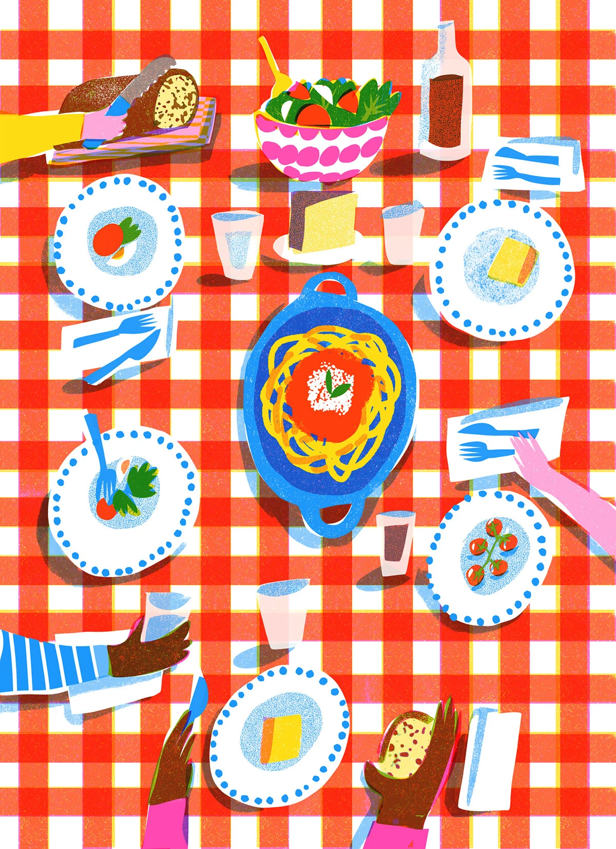 Italian food risograph ILLUSTRATION  italian illustrator Limited Color Palette retro illustration style vintage postcard Retro food illustration Digital Art 