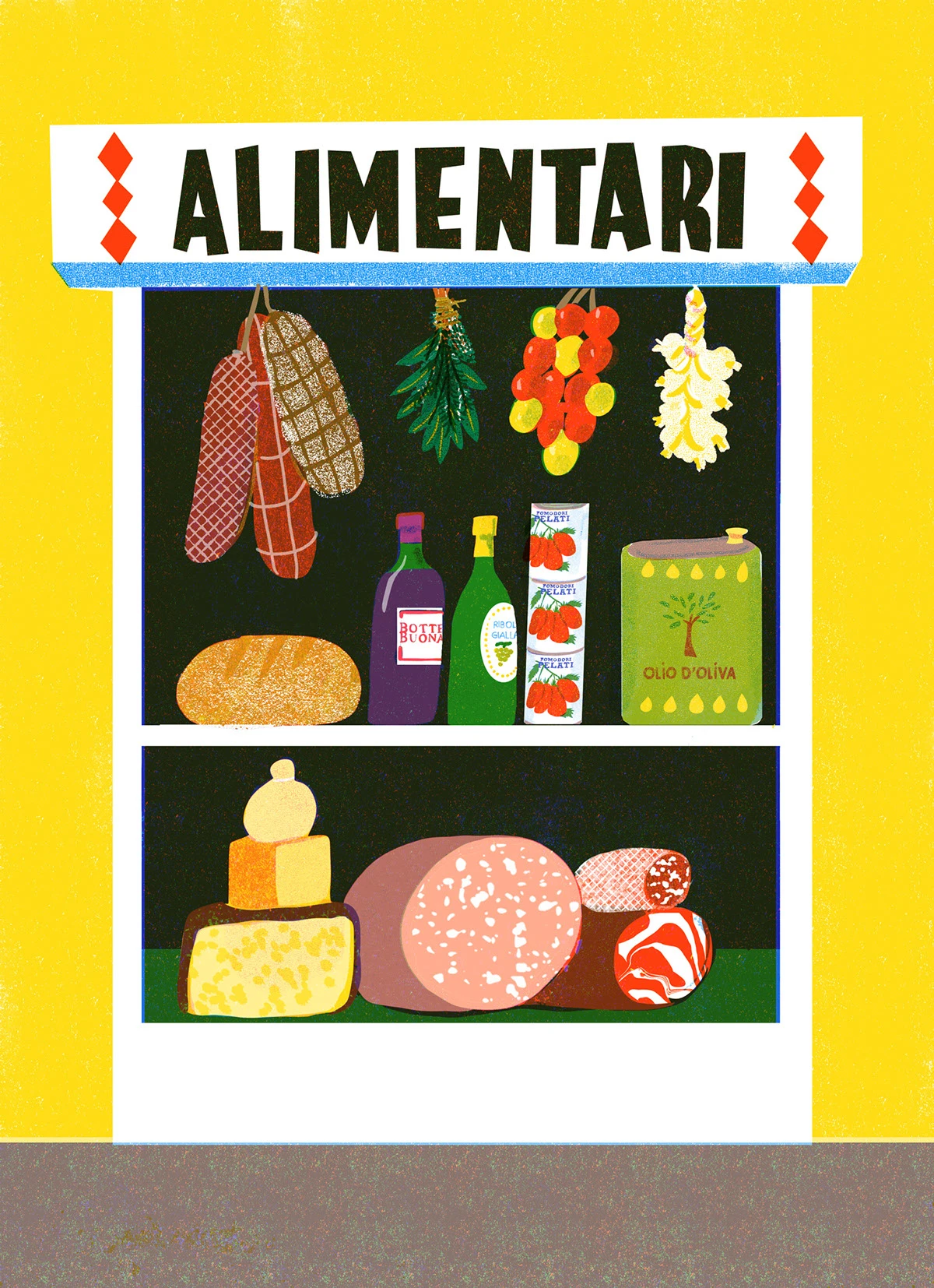 Italian food risograph ILLUSTRATION  italian illustrator Limited Color Palette retro illustration style vintage postcard Retro food illustration Digital Art 