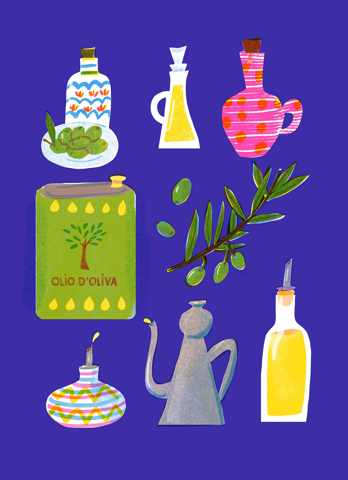 Italian food risograph ILLUSTRATION  italian illustrator Limited Color Palette retro illustration style vintage postcard Retro food illustration Digital Art 