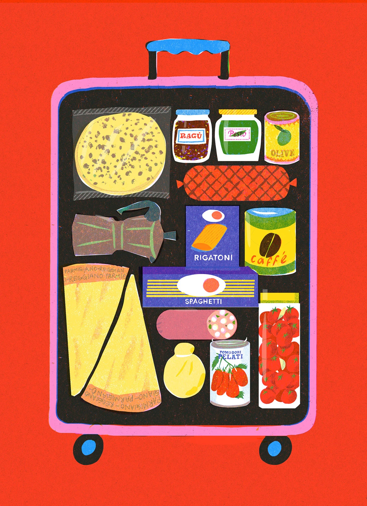 Italian food risograph ILLUSTRATION  italian illustrator Limited Color Palette retro illustration style vintage postcard Retro food illustration Digital Art 