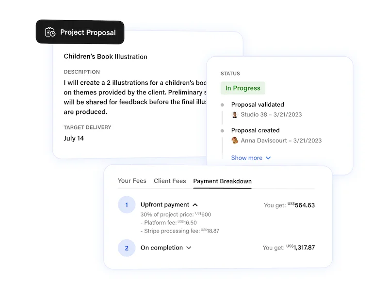 描述 Behance 用户提供的插图服务的信息卡 - 包括一组共 3 个自定义插图，其中 2 个为概念，1 个为修订。时间期限为 4-6 周，收费 1000 美元起。有一个按钮可针对其服务询价。还叠加了对上述 Behance 用户为一本儿童图书提供的服务的询价 - 其中包括一条消息以及建议的时间期限和预算。有两个按钮使用户可创建提案或谢绝询价。