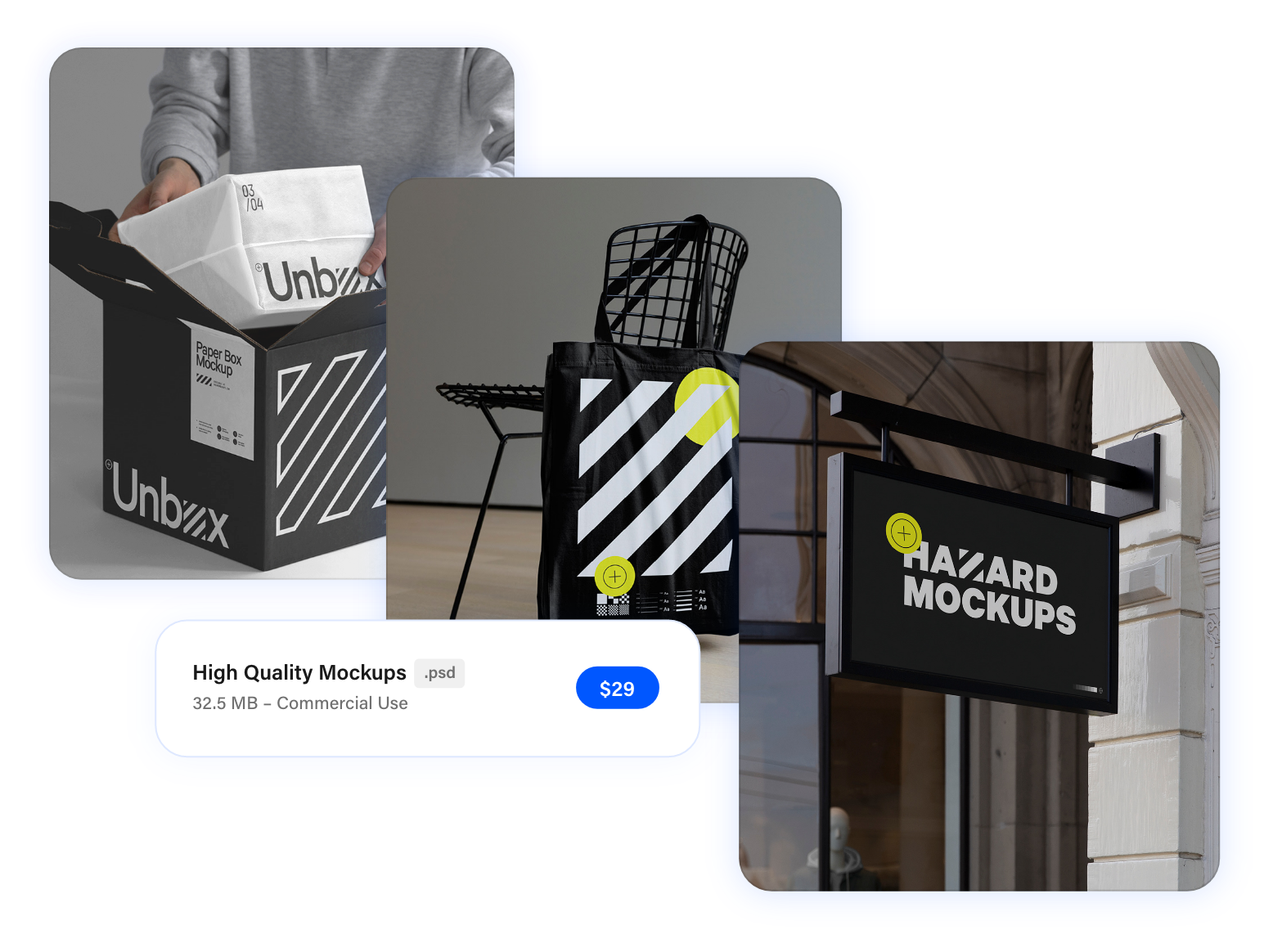 Behance 用户出售的三个高质量模型。它们附带了有关资源的技术信息以帮助制定购买决策 - 这包括文件格式、下载大小、成本和许可信息。用户可以单击以开始购买这些资源的过程。